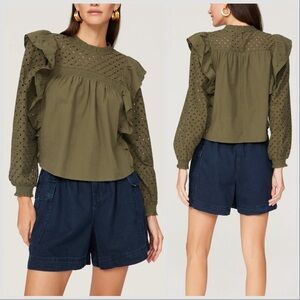Maje Linode Olive Green Ruffled Crochet Eyelet Long Sleeve Top Sz L